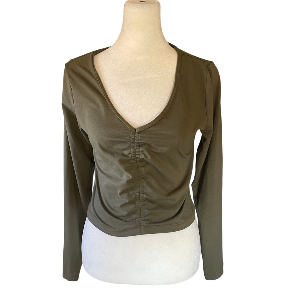 Womens Ruched Y2K Gorpcore Earthy Crop Top M Olive Stretch Minimalist Pilates‎